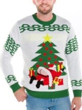 FunQi Mooning Santa Ugly Christmas Sweater Funny Holiday Knit White Mens Small